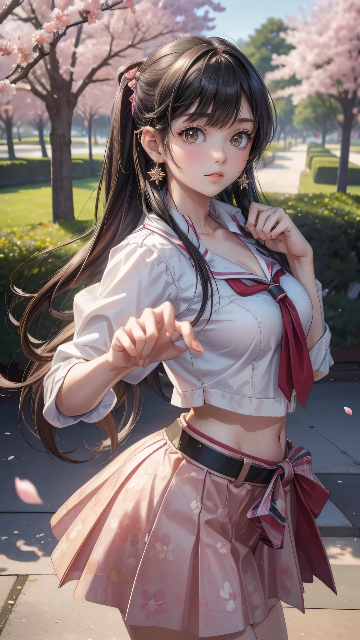 A park where cherry blossoms dance,high school girl,(random pose:1.2),(random hairstyle),(Highest image quality,(8K), Ultra-realistic, Best Quality, High quality, High Definition, high quality texture, high detailing, Beautiful detailed, fine detailed, extremely details CG, Detailed texture, realistic representation of face, masterpiece, presence)