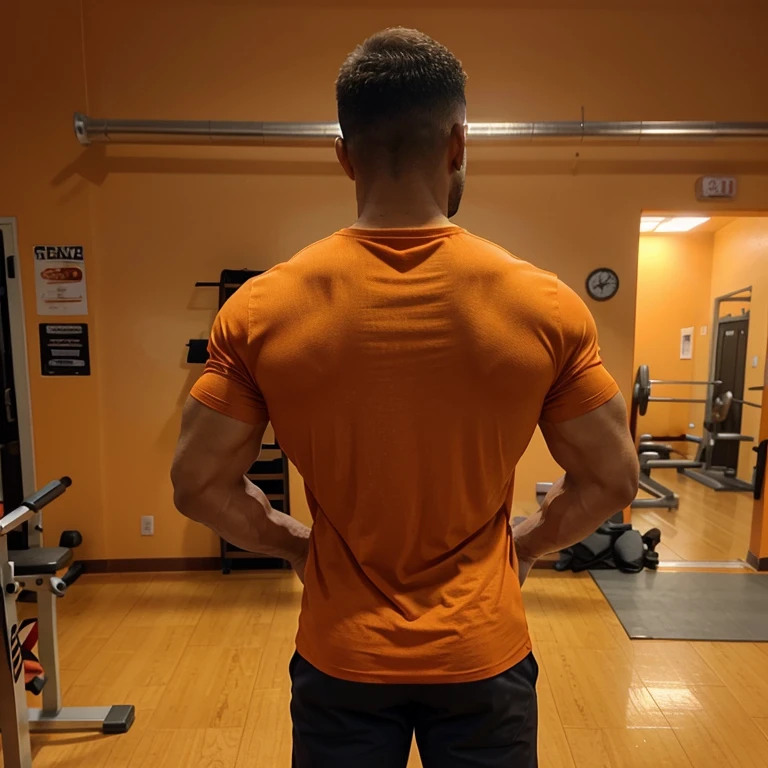 Silhueta das costas de um homem forte. He's dressed in an orange T-shirt. Photo taken from the back. He's inside a bodybuilding gym. Foto da cintura para cima. Luz quente contornando a silhueta do homem. Pouca luz ao fundo