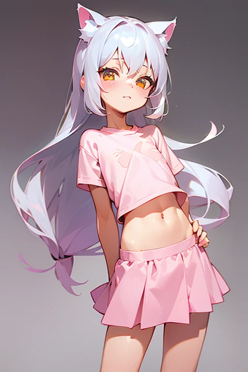 1girl, silver hair, golden eyes with pupils, ((skinny)), ((petite)), small, ((neko)), (cropped solid pastel pink tshirt), long hair, short skirt, (((kid))), cat ears, happy, blush, midriff, at school