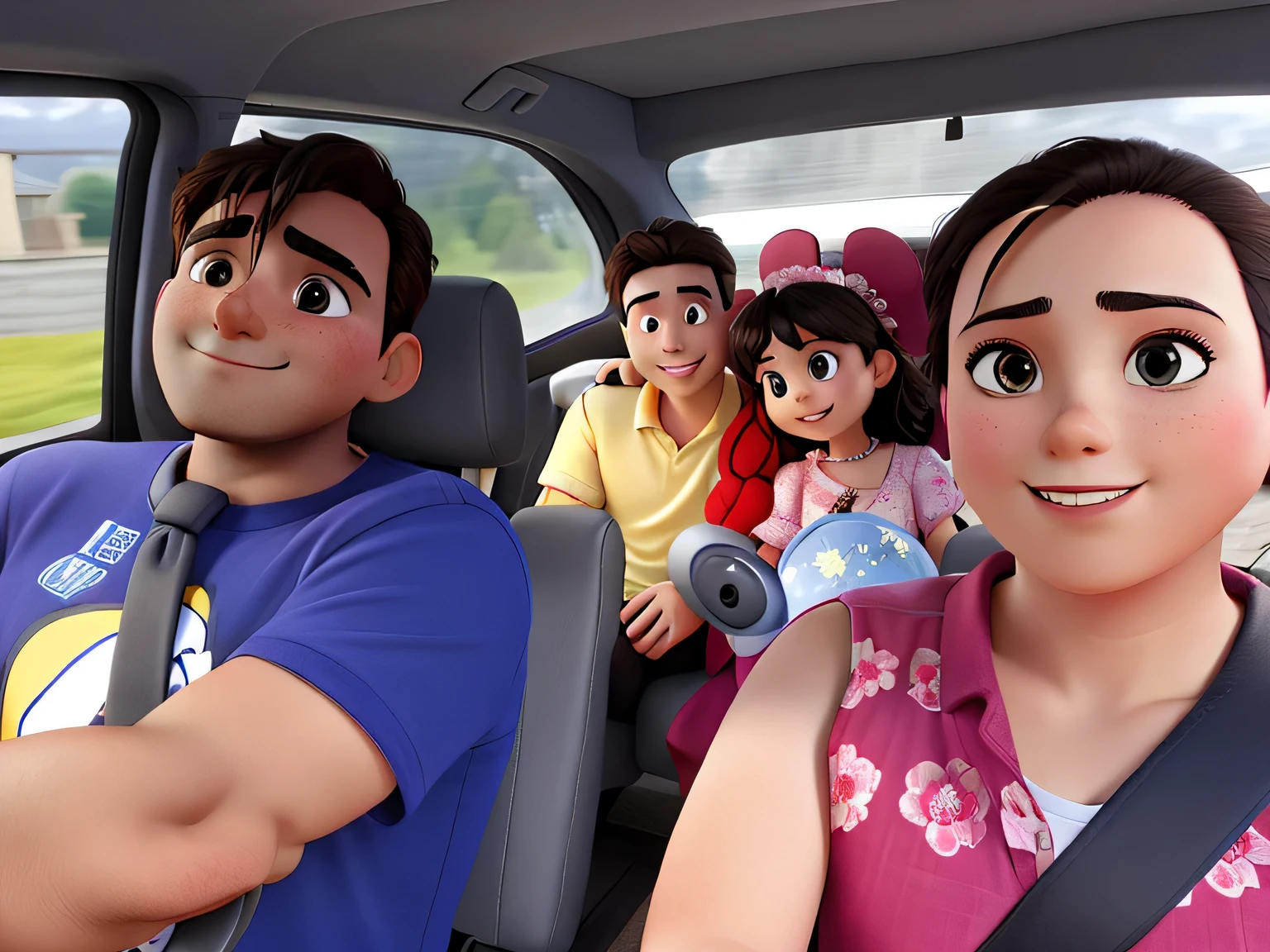 couple with their children riding in a car, image just like Disney
