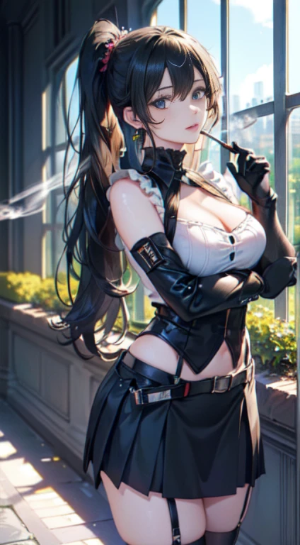 最high quality、Best image quality、masterpiece、With a girl((cute、20-year-old、Best Bust、Medium Bust、Bust 85,Beautiful Blue Eyes、Spread your chest wide,Long black hair、Slender、The best valley、Blue Y-shirt、White short skirt,Show the whole body、Black perforated gloves)）high quality、Beautiful art、background((School、School zone、Strong winds)),Tabletop、Exquisite design、Visual Arts、Depth of written boundary、Best lighting、Highest detail、8ｋ