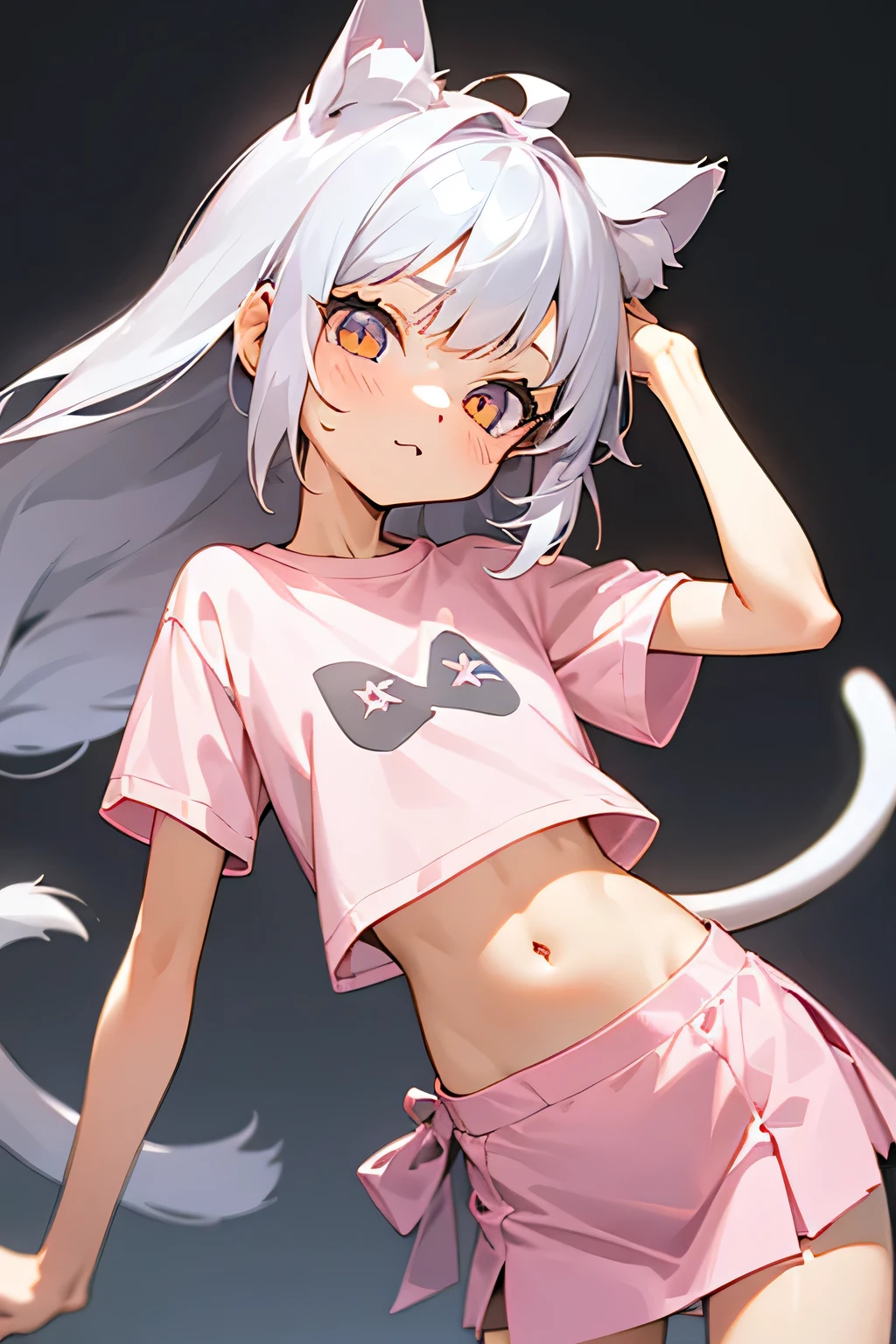 1girl, silver hair, golden eyes with pupils, ((skinny)), ((petite)), short, small, ((neko)), (cropped solid pastel pink tshirt), long hair, short skirt, (((kid))), cat ears, happy, blush, flat chest, midriff, at school, hand on tummy