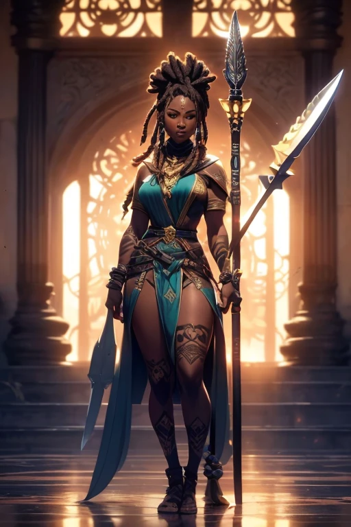 A full body ebony woman, ((standing:2)), (holding a spear:1.7), (happyness look:0.8), (wearing battle outfit:1.1), (elaborated dreadlock hairstyle:1.5), (reflective eyes:0.9), (tribal tattoo:1.1), sunrise backgroud, sunray, hyper detailed, hyper realistic, look at the the viewer, 4k, wide depth of field, radiant mapping, high dynamic range, masterpiece,