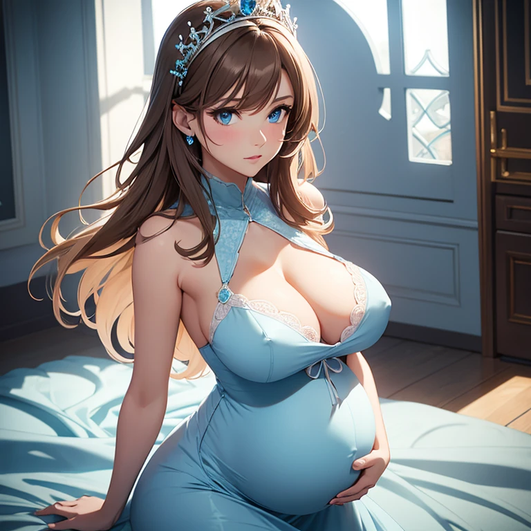 Sexy pregnant princess, elegant tight light blue dress with white details, brown hair, blue eyes, medium breasts, cleavage, sexy pose