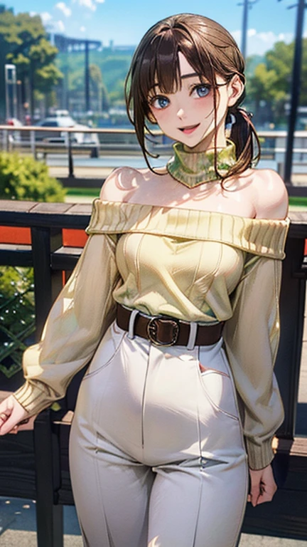 (masterpiece:1.2, top-quality), (realistic, photorealistic:1.4), beautiful illustration, (natural side lighting, movie lighting), 
looking away, (from below), 1 girl, japanese, high school girl, 14 years old, perfect face, perfect body, cute and symmetrical face, shiny skin, babyface, tiny, 
(short hair:1.5, (low ponytail):1.6, long sideburns, light brown hair), asymmetrical bangs, dark blue eyes, big eyes, drooping eyes, (middle breasts, seductive thighs, big ass), 
beautiful hair, beautiful face, beautiful detailed eyes, beautiful clavicle, beautiful body, beautiful chest, beautiful thigh, beautiful legs, beautiful fingers, 
(((off-shoulder light yellow green sweater, brown tight leeveless dark brown turtleneck sweater), belt, emerald green hair ribbon), 
(beautiful scenery), morning, (amusement park), walking, (hand in own hair), holding a drink, (happy smile, open mouth), 