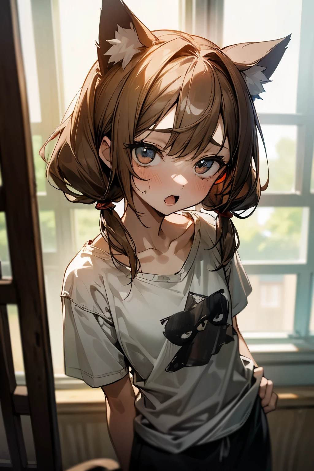 ((Masterpiece)), ((best quality)), (Anime:1.3), (RAW photo:1.2),(High Definition:1.3), (Professional Photography:1.2), (()), Portrait shot, (morning), Pale brown hair, messy medium hair, (low twintails), (slightly exposed small chest), Beautiful collarbone, (Ripped cheepy loose T-shirts), white T-shirts, Slender body, (hand on hips), Sweaty skin, (Unfocused eyes), ((dazed look)), open mouth, Textured skin, Cat ears, Cute Beautiful Girl, BREAK, ((best quality)), (inside the window with iron bars), View of the slums,