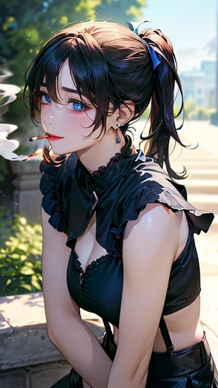 22 years old, (milf:0.8), (solo:1.5), (sfw:1.25), cute breast, beautiful breasts, medium tits,black suspenders,(Bulging ,big breasts:1.1),(Black miniskirt:1.3),garters,Gaze,Small face,bangss,holster,Belt Armament,Beautuful Women, thin waist, big ass:1.0, Raised sexy, (dark green mediumlong hair,side ponytail,hair between eyes,bangs, dark blue eyes, light smile, big , Revimpling fabric, earrings, Hand gloves, detailed face,(smoking:1.3),detailed and beautiful eyes,beautiful detailed lips,Rolling her eyes,manner,(ultra high resolution, 8K RAW photo, photo realistics, thin outline:1.3, clear focus), best qualtiy, natural lighting, textile shading, field depth (Bright pupils, fine detailed beautiful eyes with highlight:1.3, high detailed face), Red lip, fine realistic skins:1.1, looking down viewers:1.3, (dynamic angle:1.3, front view:1.1, breast focus:1.3, from below:1.2), (dynamic posing:1.5, sexy posing:1.2, leaning forward),Youghal, side lock, hair ornaments, hair band,nice,garden background,artistic rendering,Super detailed,(highest quality,4k,8K,High resolution,masterpiece:1.2),Bright colors,studio lighting ,in usa military base,