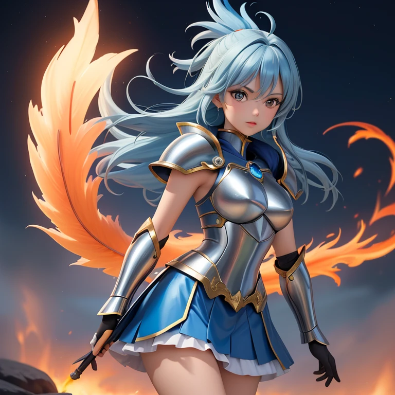 une femme, 25 ans, manga, cheveux longs, cheveux de couleur bleue, blue hairs, grey armor, armure de couleur grise, armure du phoenix de couleur grise, jupe en plumes de phoenix, phoenix feather skirt, pink shest armour, saint seiya, ikki, phoenix, casque, chevalier du zodiaque, sur une ile volcanique, lave, volcan, flammes, flames, volcano