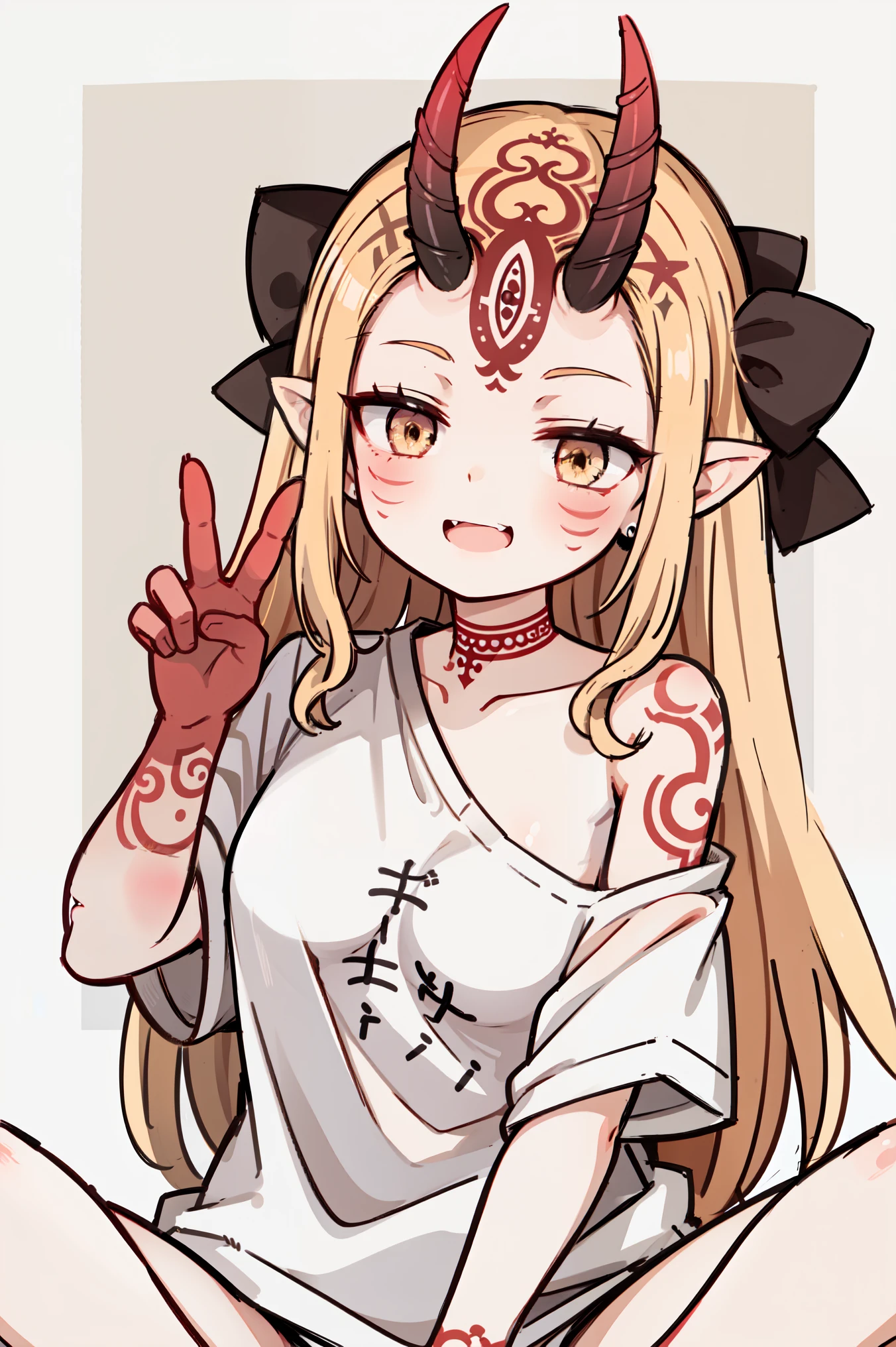 1girl, solo, (ibaraki_douji), blonde, yellow eyes, oni_horns, pointy ears, t-shirt, white shirt, (oversized shirt:1.2), bottomless, bare shoulder, off shoulder, flat chest, forehead, ((red_hands)), (peace_sign), arm behind back, straight hair, large smile, smug, upper body, sitting on floor with crossed_legs, (((masterpiece)))