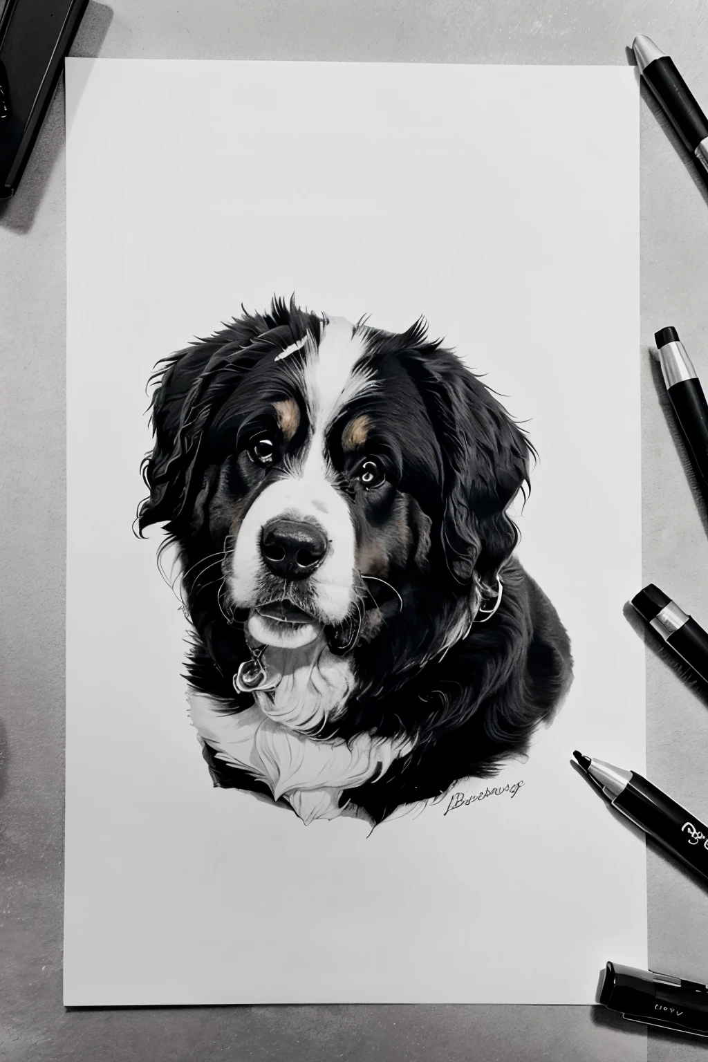 bernese mountain dog head pencil drawing in black and white