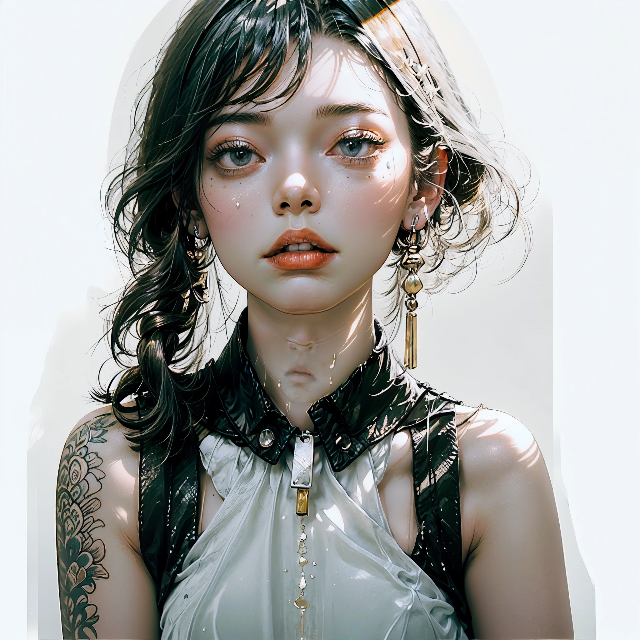 ((single, 1 girl, , tattoos, shiny eyes, white fluffy), (full length), (sexy topless), (black transparent dress), (sexy, erotic, spread your legs))_((tender scarlet lips), (straight black hair - long, blue, cascading), (multicolored shiny hair), (cool shine, Wet straight hair))_((simple color palettes), (pastel colors, kawaii, Cute colors, clean)) _((sexy, erotic), (nsfw), (simple, minimal accessories), (Necklaces and thin rings made of silver or gold.), (simple bracelets, distinctive design, simple silhouettes), (simple and erotic style))_ ((BACKGROUND), (abstraction-minimalism), (fresh, color fill, wide stroke), (stunning flowers), (lilies, skulls, extremely unusual, long stems - large stems)).