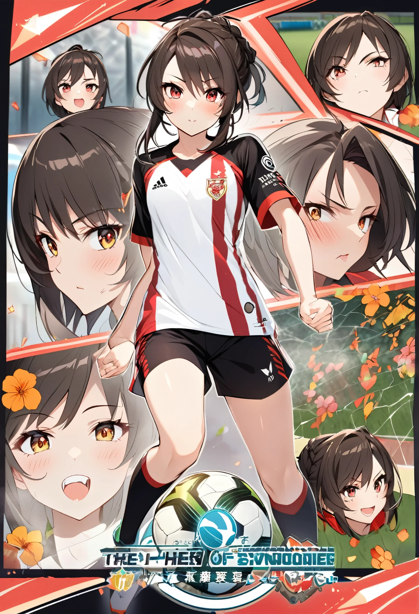 Create an anime-style depiction of Haruna Fujisawa, a confident age soccer player. Emphasize her strong, angular facial features with defined cheekbones and sharp jawline, complemented by vibrant eyes framed by thick lashes. Incorporate subtle makeup, including blush and lipstick, to enhance her allure.
Add subtle cuts or scratches on Haruna's hands, symbolizing her resilience on the soccer field. Show hints of her bitchy and mean demeanor through body language or expressions, balanced with a glimpse of her hidden soft side.
Integrate elements of nature, such as flowers or butterflies, into the design to symbolize healing and growth. Dress Haruna in a bold soccer jersey with unique designs, reminiscent of Lionel Messi's style. Maintain her athletic appearance with a feminine twist in her hairstyle and accessories.
Capture Haruna in dynamic poses, showcasing her skill and agility on the soccer field. Ensure her expression reflects both determination and warmth, conveying her complex personality. The artwork should resonate with audiences, effectively portraying Haruna's multifaceted character.\