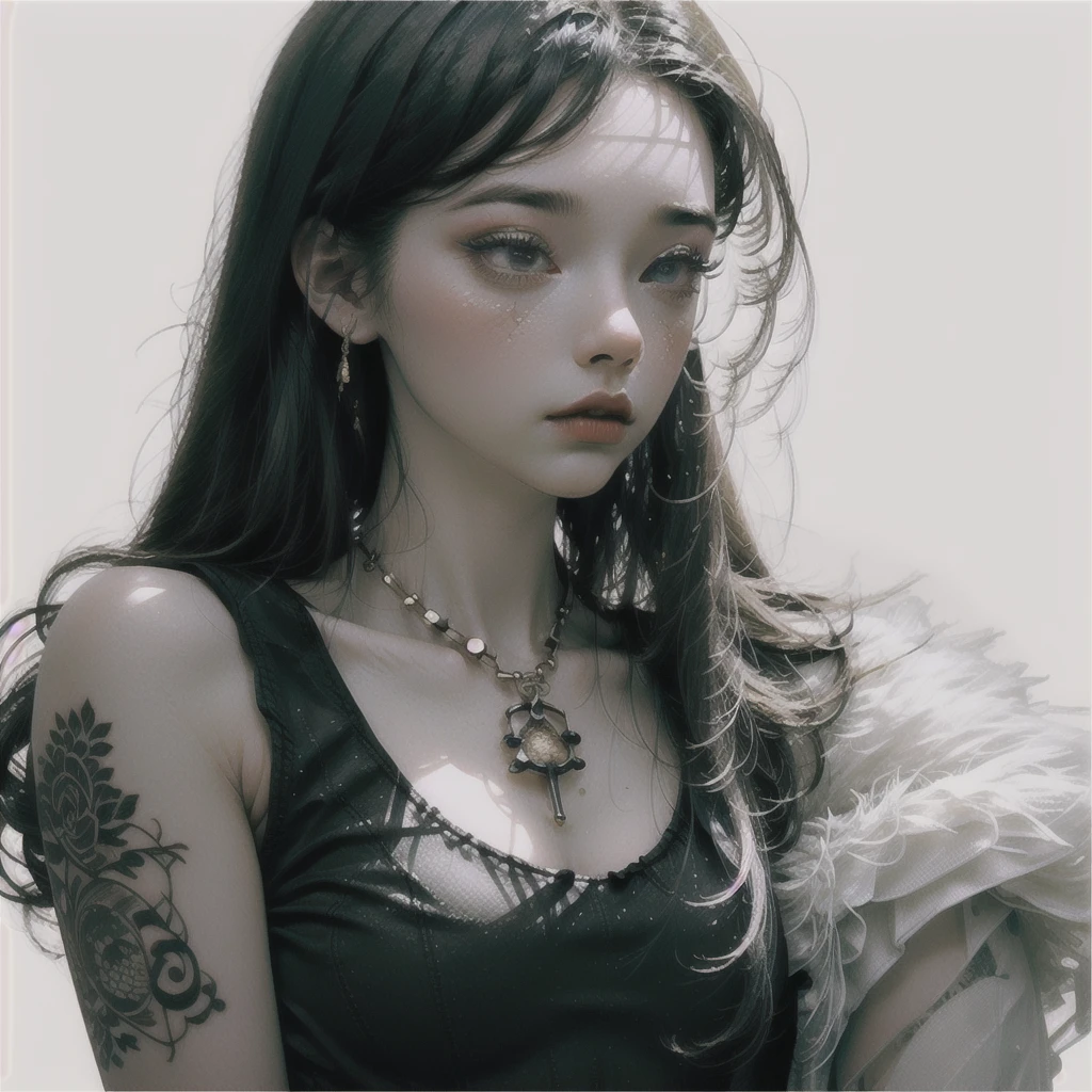 ((single, 1 girl, , tattoos, shiny eyes, white fluffy), (full length), (sexy topless), (black transparent dress), (sexy, erotic, spread your legs))_((tender scarlet lips), (straight black hair - long, blue, cascading), (multicolored shiny hair), (cool shine, Wet straight hair))_((simple color palettes), (pastel colors, kawaii, Cute colors, clean)) _((sexy, erotic), (nsfw), (simple, minimal accessories), (Necklaces and thin rings made of silver or gold.), (simple bracelets, distinctive design, simple silhouettes), (simple and erotic style))_ ((BACKGROUND), (abstraction-minimalism), (fresh, color fill, wide stroke), (stunning flowers), (lilies, skulls, extremely unusual, long stems - large stems)).