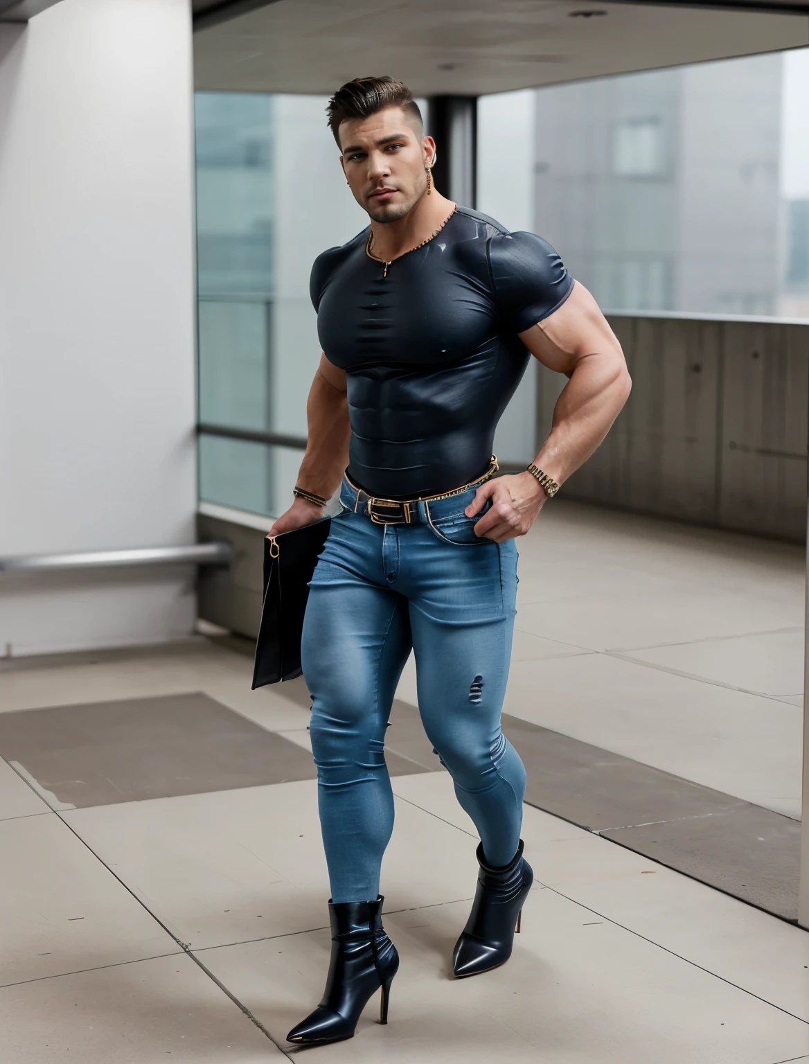 A muscular hunk man with very short hair, tight jeans, leg high heels boots, earrings, bra ,nylons