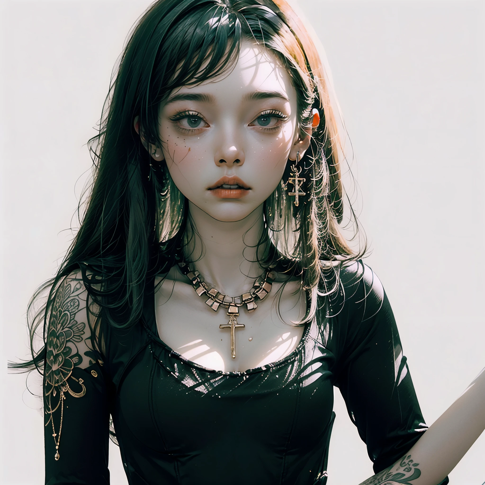 ((single, 1 girl, , tattoos, shiny eyes, white fluffy), (full length), (sexy topless), (black transparent dress), (sexy, erotic, spread your legs))_((tender scarlet lips), (straight black hair - long, blue, cascading), (multicolored shiny hair), (cool shine, Wet straight hair))_((simple color palettes), (pastel colors, kawaii, Cute colors, clean)) _((sexy, erotic), (nsfw), (simple, minimal accessories), (Necklaces and thin rings made of silver or gold.), (simple bracelets, distinctive design, simple silhouettes), (simple and erotic style))_ ((BACKGROUND), (abstraction-minimalism), (fresh, color fill, wide stroke), (stunning flowers), (lilies, skulls, extremely unusual, long stems - large stems)).