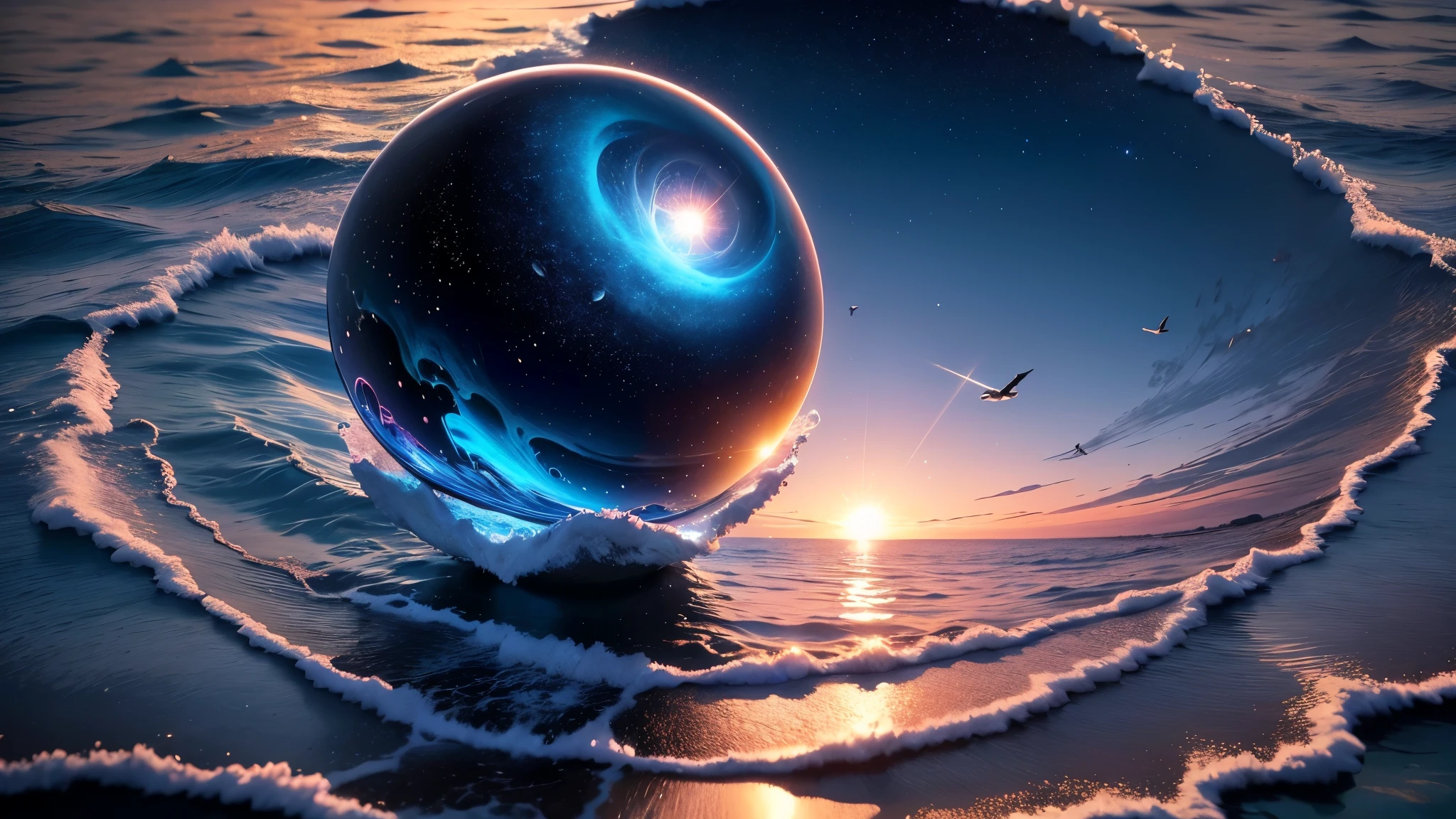8K HD Ultra real detail photo of a large drop of water that floats in the center of the image and inside it has stars, O universo. fundo da imagem: A beach with dusk ((blue skies, rosa)) with perfect resolution. And three little birds flying in the sky. ((fantasia, sonho))