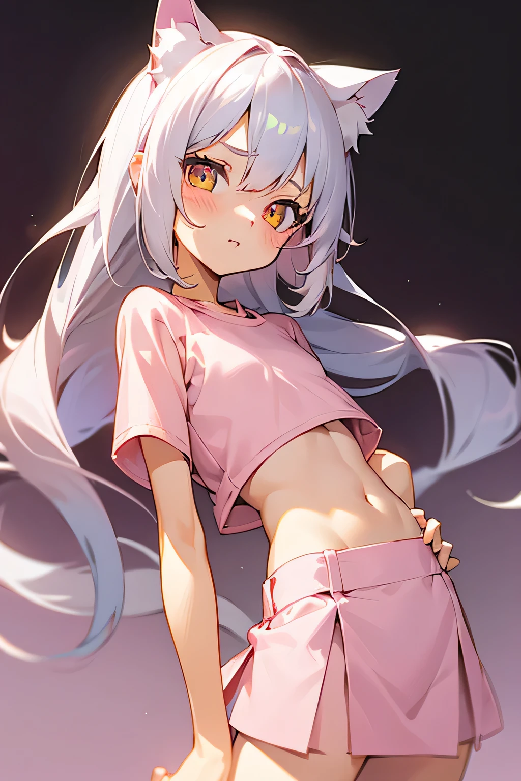 1girl, silver hair, golden eyes with pupils, ((skinny)), ((petite)), short, small, ((neko)), (cropped solid pastel pink tshirt), long hair, short skirt, (((kid))), cat ears, happy, blush, flat chest, midriff, at school, hand on tummy