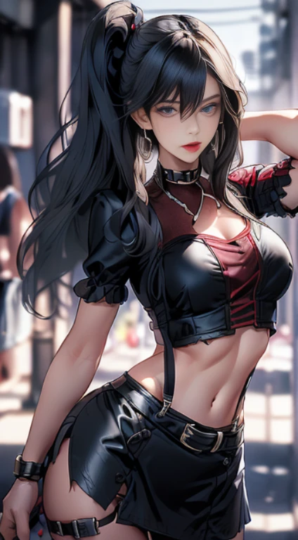 (8K,RAW photos),(best qulaity),(tmasterpiece),(realisti,)(Photorealisti and realisti), highres),Hyper-detailing,(hentail realism:1.1),Lovely face,1female:1.1),Female Pervert,(Looki on the viewer),Cowboy Lens,Japan people,
Xiaonan\(naruto\),,Cleavage,Off-the-shoulder clothing,smil, red in the face,Photo of the upper body
black hair,purple eyes,big ,tanktop,cargopants with many pockets,black cloak,silver necklace,silver chain,black gloves Professional lighting、photon mapping、Physically Based Rendering、
dark theme,