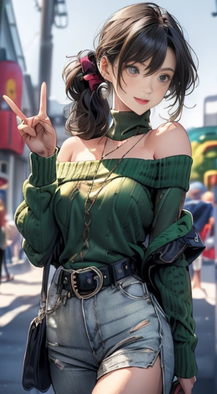 (masterpiece:1.2, top-quality), (realistic, photorealistic:1.4), beautiful illustration, (natural side lighting, movie lighting), looking away, (from below), 1 girl, japanese, high school girl, 14 years old, perfect face, perfect body, cute and symmetrical face, shiny skin, babyface, tiny, (short hair:1.5, (low ponytail):1.6, long sideburns, light brown hair), asymmetrical bangs, dark blue eyes, big eyes, drooping eyes, (middle breasts, seductive thighs, big ass), beautiful hair, beautiful face, beautiful detailed eyes, beautiful clavicle, beautiful body, beautiful chest, beautiful thigh, beautiful legs, beautiful fingers, (((off-shoulder light yellow green sweater, brown tight leeveless dark brown turtleneck sweater), belt, emerald green hair ribbon), (beautiful scenery), morning, (amusement park), walking, (hand in own hair), holding a drink, (happy smile, open mouth),