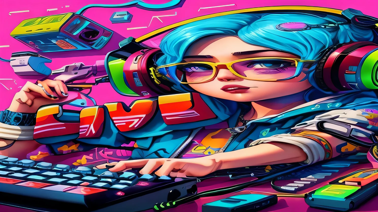 uma  com fones de ouvido e um teclado na frente de um fundo rosa, detailed game art illustration, epic digital art illustration, decoration-inspired illustrations, arte do jogo ultra detalhada, arte do jogo, estilo de arte cyberpunk, Game illustration, estilo de arte cyberpunk, estilo de arte impressionante, 2D digital illustration, estilo de arte synthwave, rossdraw desenho animado vibrante, estilo de arte synthwave ]!!