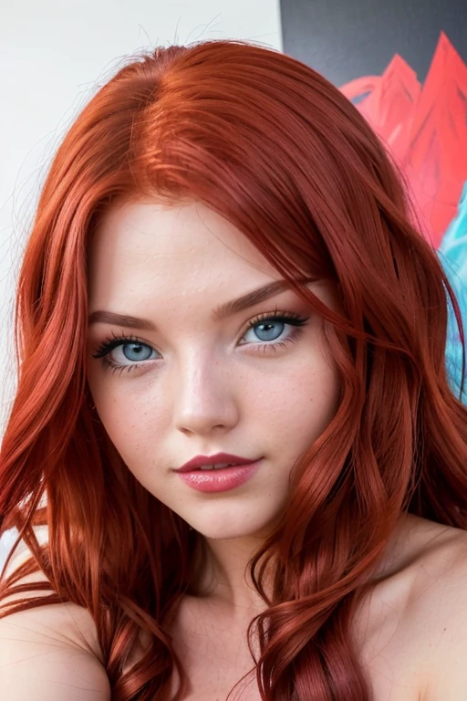 creates the face of a 20 year old girl, (portrait, Masterpiece, Best Quality, High Quality), mature face, blue eyes, thin eyebrows, nose defined, red lipstick, (long wavy red hair, red to crimson gradient, red hair roots), very tall, big breasts, looking directly at the camera, UHD, showing off her shoulders and neck, cosplaying as Erza Scarlet from "Fairy Tail", is a Instagram influencer, anatomically correct, (expressing confidence and allure, sexy look)