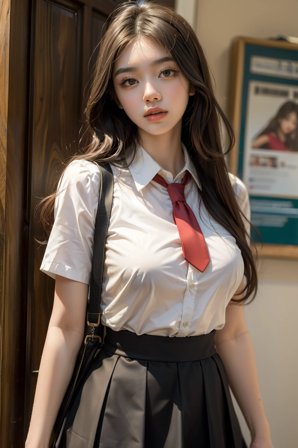 ((best quality)), ((masterpiece)), (detailed), perfect face, long hair, black hair, young girl, school girl, large breast, short skirt, indonesia