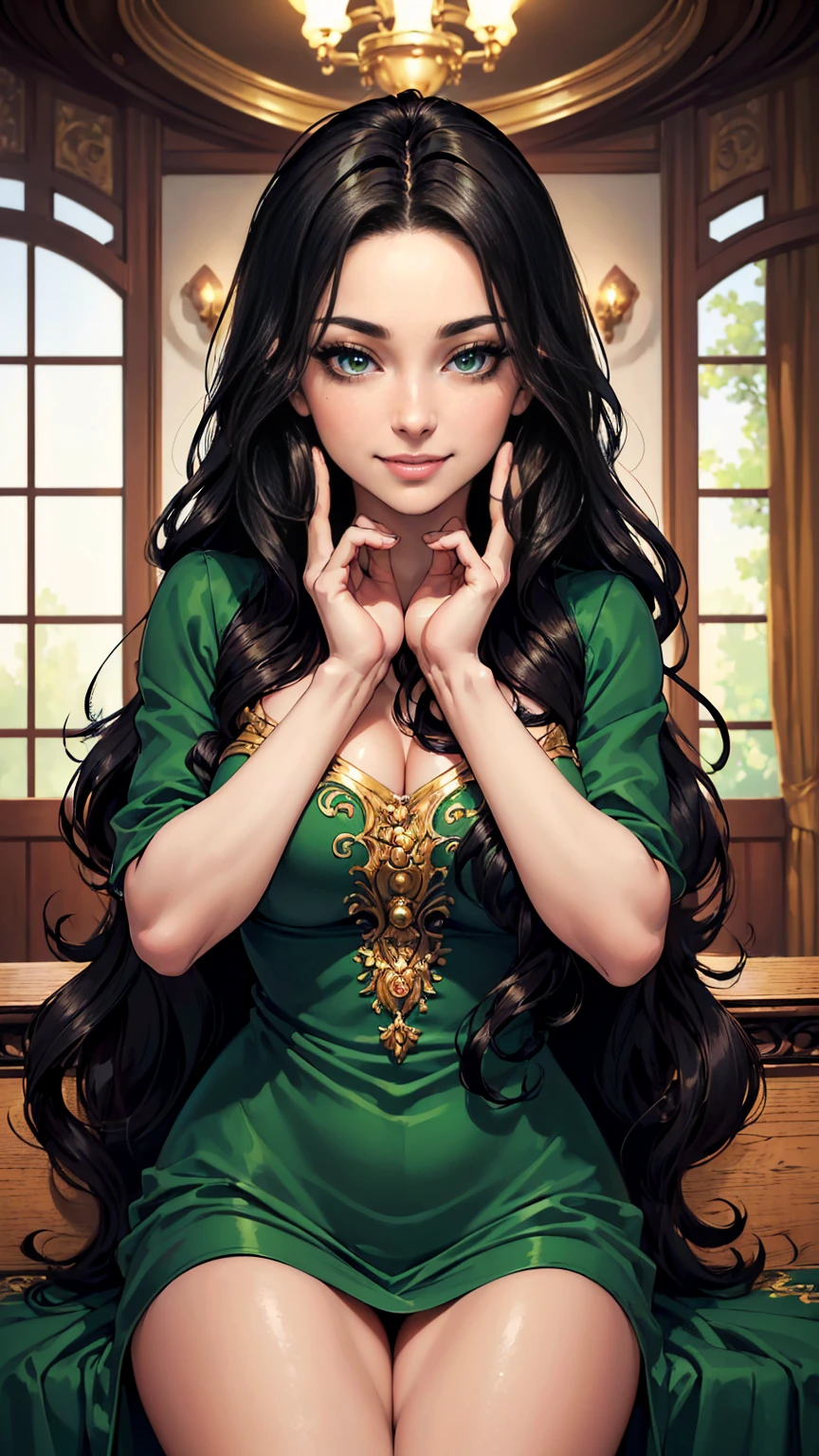 ((masterpiece, Best quality, A high resolution, ultra detailed),(beautiful and aesthetically pleasing:1.2), 1 woman, perfect body, wavy black hair, green eyes, Beautiful face, (Легкая smile:0.8), detailed eyes and face, joy, laughter, Satisfied facial expression, happy facial expression, smile, shining eyes, portrait, dress, comfort, house