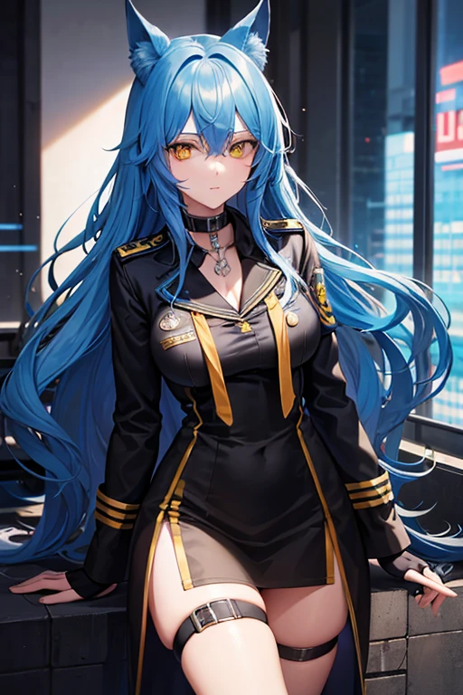 highest quality, High body, long legs, adult, Cyberpunk Suit, blue hair, long hair, wavy hair, yellow eyes, dog ears, choker, uniform, (cleavage:0.8), (((black uniform))),