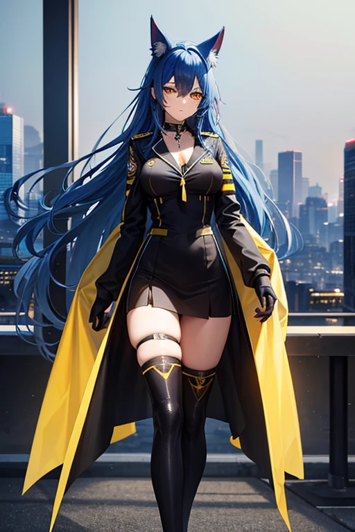 highest quality, High body, long legs, adult, Cyberpunk Suit, blue hair, long hair, wavy hair, yellow eyes, dog ears, choker, uniform, (cleavage:0.8), (((black uniform))),