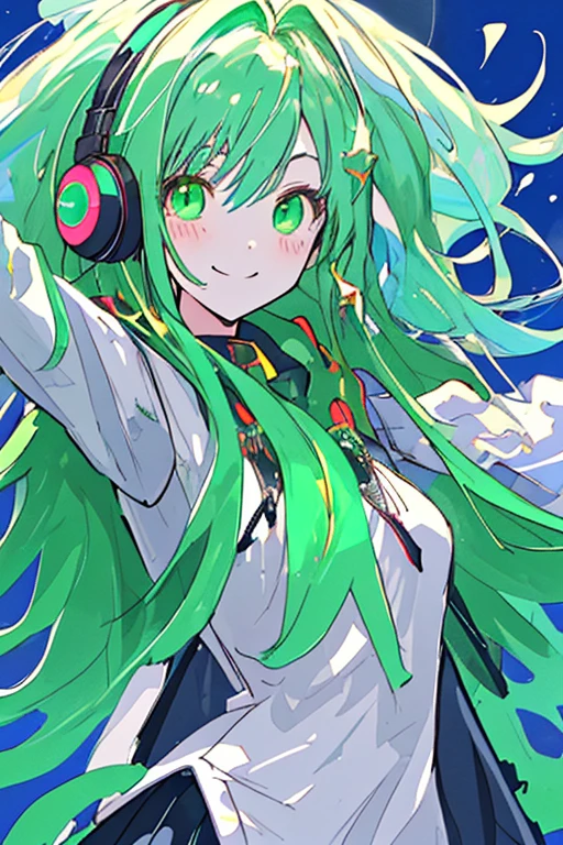 ((highest quality)), ((masterpiece)), (be familiar with),(Super detailed), perfect face,emerald green hair,Long hair that looks like it's about to start dancing,Bright emerald green eyes,Glowing eyes,Loose emerald green cyber-inspired hoodie,Headphones against a vibrant blue sky,TV decorations with static in various places on the body,Smartphone hair accessories,one person,Attacking pose,smile,Smartphone screen background