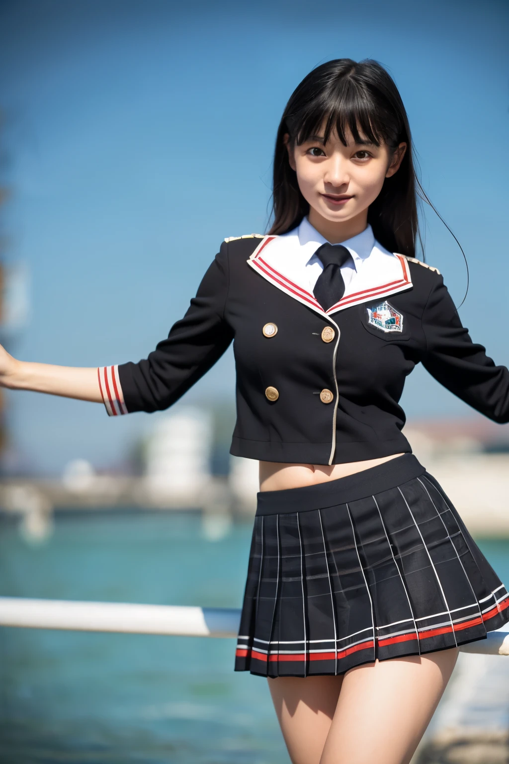 best qualtiy,tmasterpiece,hight resolution,1girll,dingdall effect,realisticlying,edge lit,two tone lighting,(highdetailskin:1.2),8K UHD,pure,Dolce,flowers background,Colorful background,Based on physical rendering,Perfect Light and Shadow,extreme hight detail,Pink tones,eye reflections,Raised sexy,perfect bodies,Superb Beauty,largeeyes,long eyelasher,Delicate eyes,(blue eyess)、big shiny eyes,Small pupil reflex,Shoulder and neck details,The texture of the pupil is delicate,Perfect eyes,black pupils,best qualtiy,tmasterpiece,16 K,a picture,head portrait,Bigchest,Medium size breasts,Delicate avatars,((Little girl standing in the waiting room by the lake)),((female students、Uniforms),((Wet Navy Blue Jacket、Front opening、emblem on breasts))、)(Wet translucent white blouse)、(red bowtie,)(White flared skirt),(Black pantyhose),(Black loafers)、(a smile)、((she is soaking wet)),