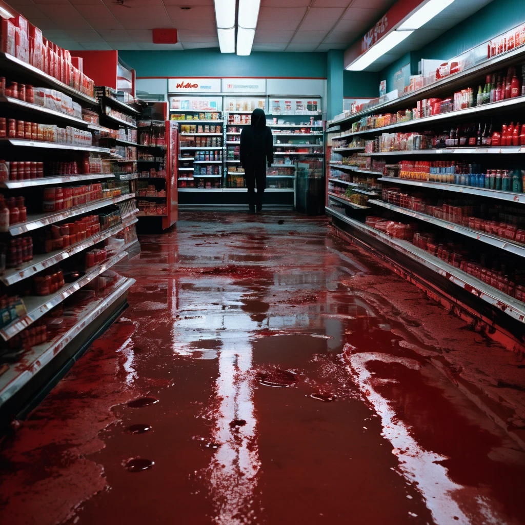 bloody footprints, inside convenience store, style of a slasher film, directed by Wes Craven, midnight, nighttime, dark, narrow aisles, abandoned, blood on floor, horror, dark color palette, unlit, lights off
