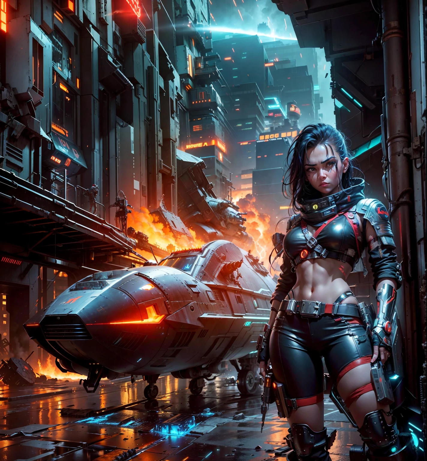 Scene:
The foreground is dominated by a breathtaking view of a cyberpunk warrior woman. Her chrome and leather armor gleams under the neon glow of the cityscape, each cybernetic enhancement a testament to her prowess. Her piercing gaze fixates on a point beyond the viewer, hinting at a hidden threat or unwavering determination.
In the background, a massive spaceship descends towards the sprawling spaceport. Its sleek, aerodynamic hull is marred by patches of flickering red, suggesting a fire raging within. Smoke and sparks billow from its underbelly, casting an ominous orange haze on the landing platform below.
Details:
The warrior woman's cybernetic enhancements could include a glowing eye implant, a concealed arm cannon, or reinforced exoskeletal limbs.
The cityscape is a chaotic blend of towering megastructures, neon advertisements, and flickering holographic displays. Rain slicks the metallic streets, reflecting the vibrant lights in a kaleidoscope of colors.
The spaceship's design hints at its troubled arrival. Burn marks scorch its surface, and emergency lights flash frantically. Cargo containers dangle precariously from its damaged hull.
Mood:
The scene evokes a sense of tension, urgency, and defiance. The warrior woman stands poised for action, her confident stance a stark contrast to the turmoil brewing in the background. The fiery spaceship foreshadows an impending crisis, yet the warrior's unwavering gaze suggests a flicker of hope amidst the chaos.