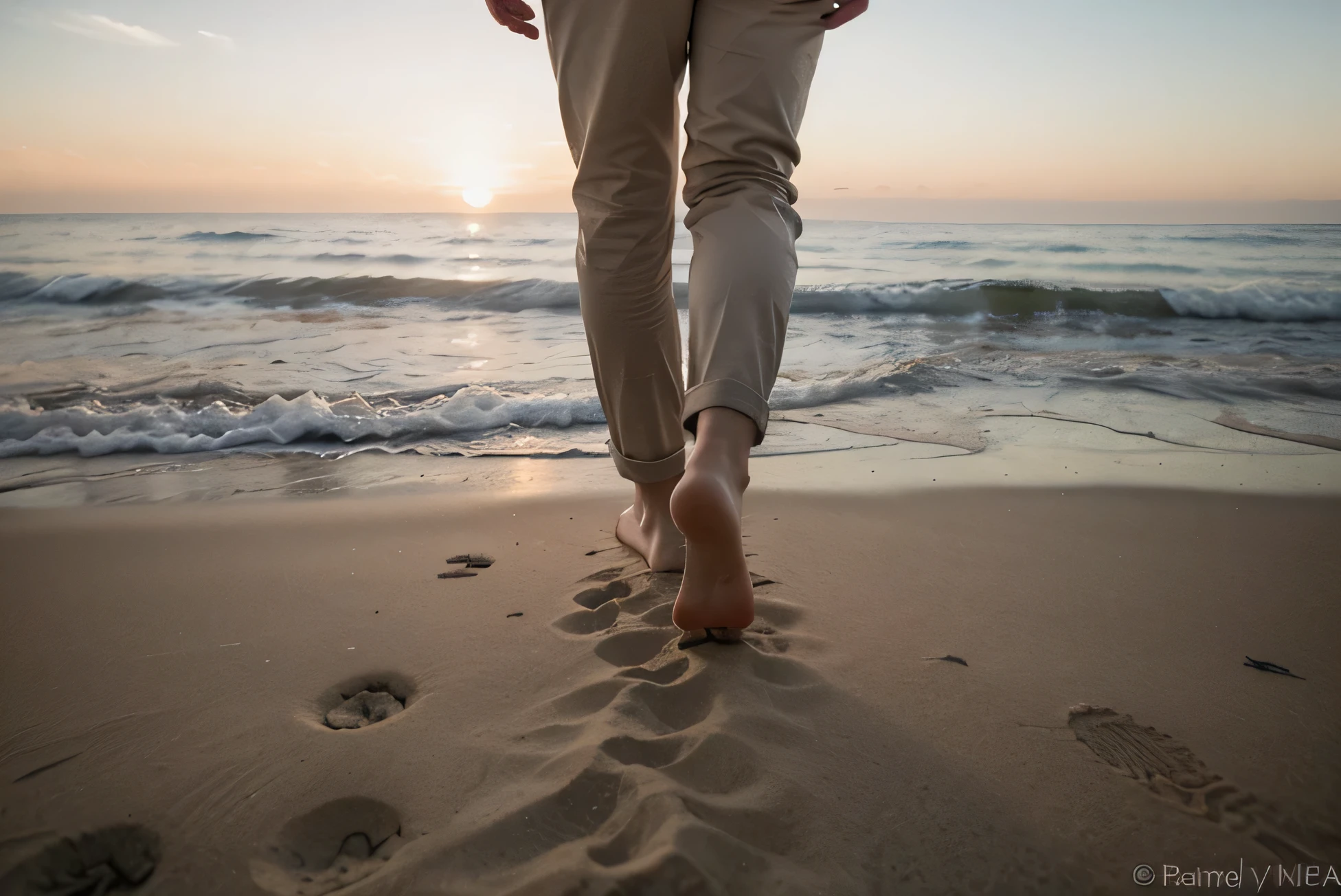 I need a photo of male feet walking on the beach at sunset. The perspective of the photo is focusing on the footprints left by him. The man wears beige pants rolled up at the ankle. A foto deve ser tirada com a camera deitada
