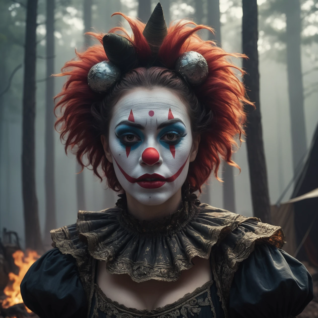 Commercial photography of a beautiful woman clown with mouth opened wide in a pine forest with a circus tent in the background and a camp fire (foggy:1.2), silhouetted in soft shadow, clowns hiding behind trees peaking their heads out to spy on us. (photograph:1.2) , uhd photorealisitc authentic psychotic angry madman wearing ornate clown costume and intricate voodoo makeup, shoulders, intricate details, vivid colors, frightening surroundings, correct details, in the style of amano, karol bak, akira toriyama, and greg rutkowski , perfect composition, beautiful detailed intricate insanely detailed octane render trending on artstation, 8 k artistic photography, photorealistic concept art, soft natural volumetric cinematic perfect light, chiaroscuro, award - winning photograph, masterpiece, oil on canvas, raphael, caravaggio, greg rutkowski, beeple, beksinski, giger, perfect composition, beautiful detailed intricate insanely detailed octane render trending on artstation, 8 k artistic photography, photorealistic concept art, soft natural volumetric cinematic perfect light, chiaroscuro, award - winning photograph, masterpiece, oil on canvas, raphael, caravaggio, greg rutkowski, beeple, beksinski, giger, (beautiful supermodel:1.1) resting her head on her hands detailed background bokeh