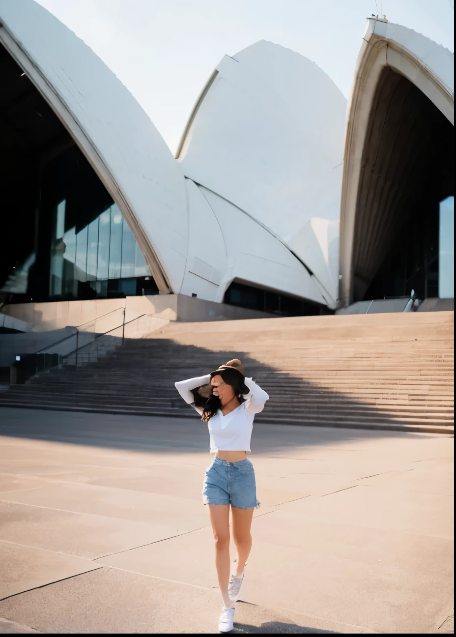 a beautiful Indonesian woman in a white top and blue jeans shorts aged 26 years walking in front of the opera, inspired by Sydney Carline, Sydney Opera House, singing at the Opera House, Sydney Opera House, in Australia, Syd, Sydney, Australia, temple behind her , in chippendale sydney, pexels contest winner, aussie, by Sydney Carline, sydney mortimer laurence