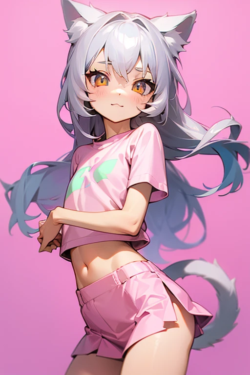 1girl, silver hair, golden eyes with pupils, ((skinny)), ((petite)), short, small, ((neko)), (cropped solid pastel pink tshirt), long hair, short skirt, (((kid))), cat ears, happy, blush, flat chest, midriff, at school