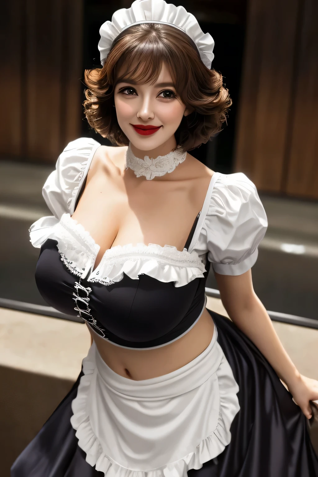 Una mujer mayor . mature huge breast big dark brown hair her light yellow eye round big eyelash dresses black maid top shows navel and dresses black maid skirt metallic and happy 