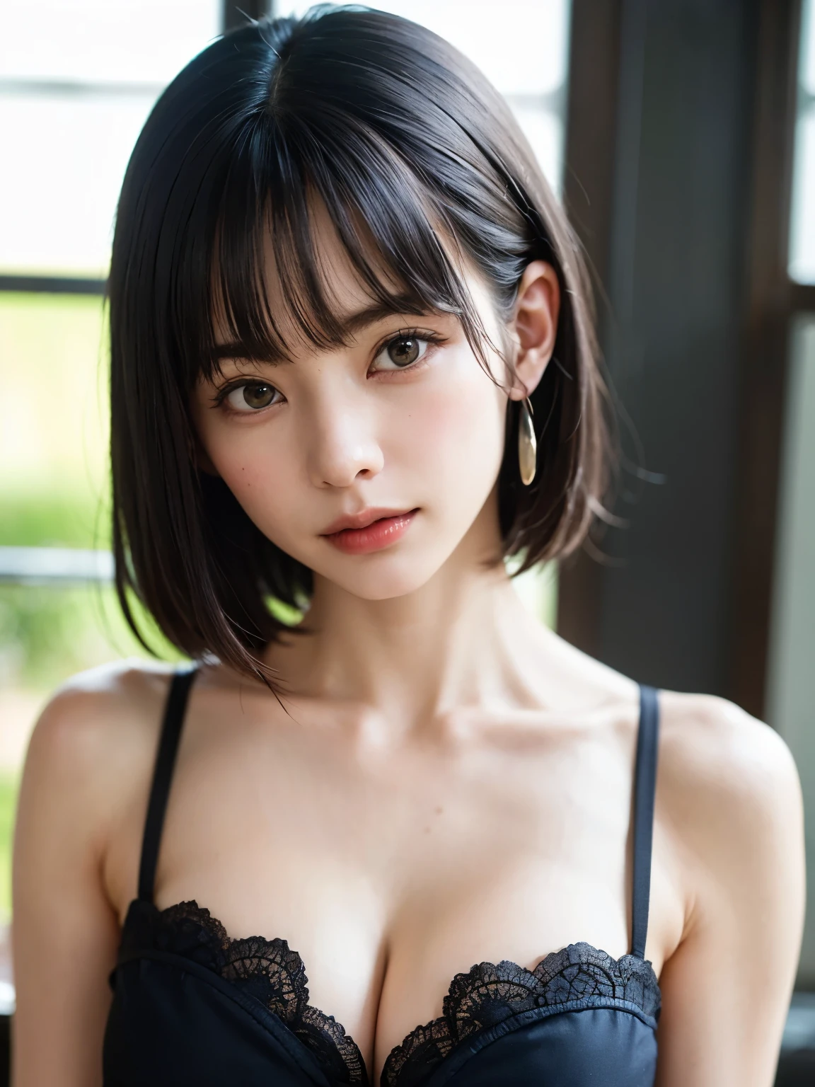 1 girl、highest quality、realistic、alone、Depth of written boundary、natural soft light、daytime、charm、beautiful face、cleanliness、pure face、white skin、cute、short hair、Bright light brown eyes:1.6、beautiful lips、bangs、beach、Light of the sun、Nedium Breast Body Esbian、((黄金比のbeautiful face、 対称性のあるbeautiful face))、long neck、show me your ears、stick out ears。bangsのあるきれいな短いボブヘア、smile with your mouth closed、perfect hands指、perfect hands、perfect body、perfect face、Shine a light into your eyes、perfect anatomy:1.6、とてもcuteスーパーモデル:1.6、{Huge|big|Hugeな|mega} chest, cleavage、smile:1.6、Very beautiful teeth:1.6