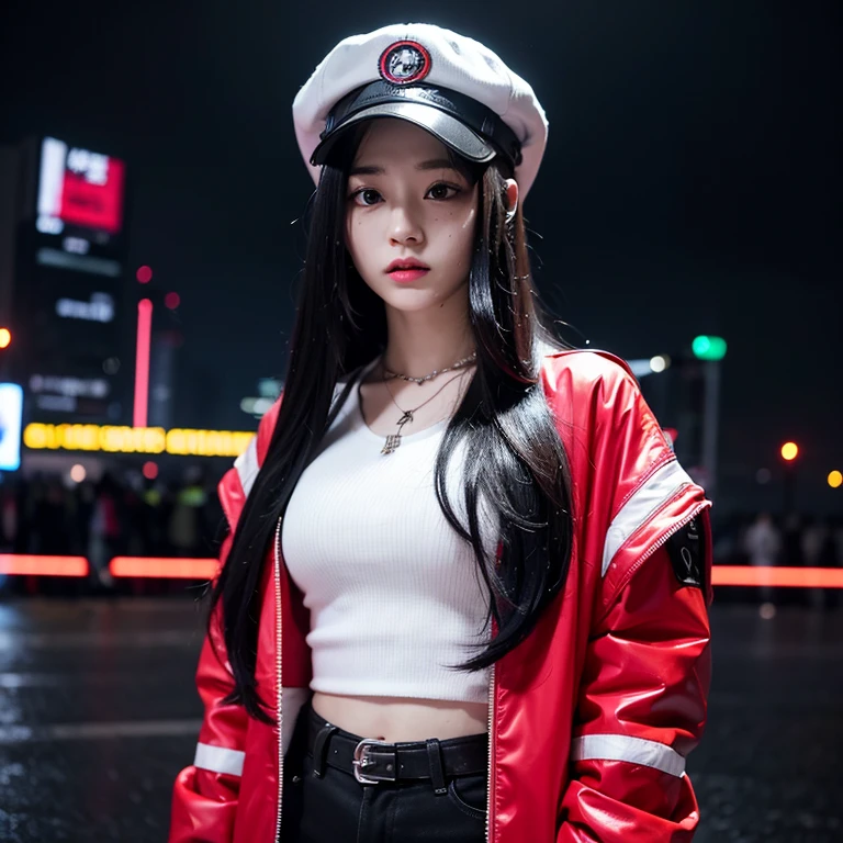 bloody massacre, manga style, ((cyberpunk)), neon city, (beautiful girl), night, against the backdrop of a thunderstorm with rain, good quality, long hair, (primary colors: white | red | black), dynamic pose, attention to details, full hd. 1girl, black headwear, black jacket, green eyes, hat, jacket, long hair, looking at viewer, multicolored hair, necklace, solo, upper body, wavy hair white albino