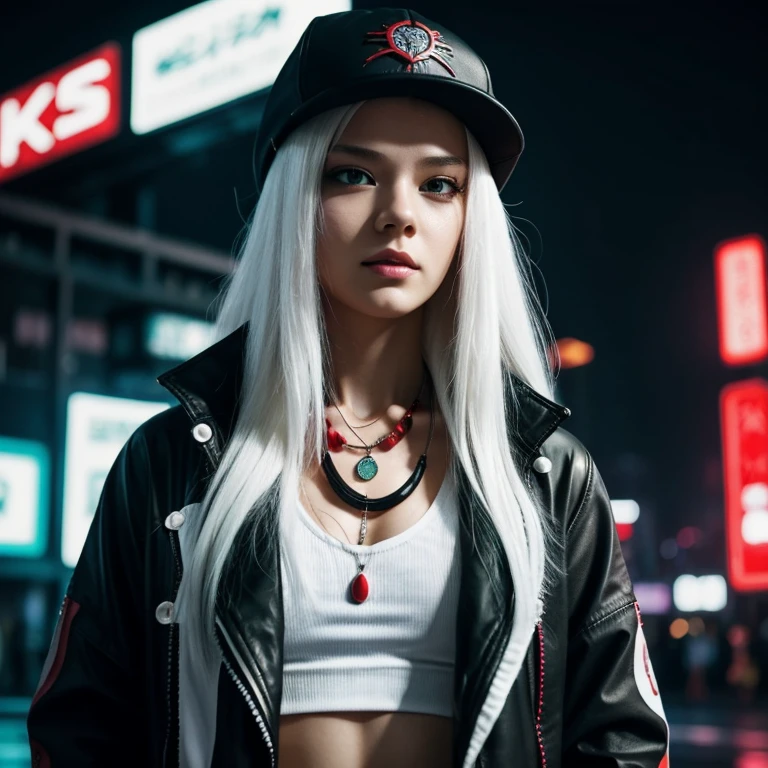 bloody massacre, manga style, ((cyberpunk)), neon city, (beautiful girl), night, against the backdrop of a thunderstorm with rain, good quality, long hair, (primary colors: white | red | black), dynamic pose, attention to details, full hd. 1girl, black headwear, black jacket, green eyes, hat, jacket, long hair, looking at viewer, multicolored hair, necklace, solo, upper body, wavy hair white albino