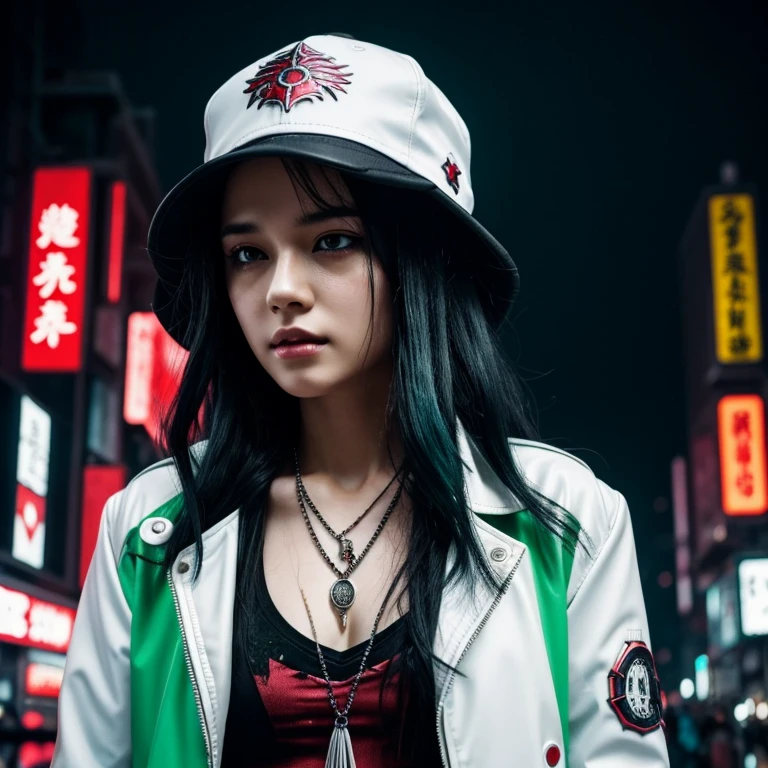 bloody massacre, manga style, ((cyberpunk)), neon city, (beautiful girl), night, against the backdrop of a thunderstorm with rain, good quality, long hair, (primary colors: white | red | black), dynamic pose, attention to details, full hd. 1girl, black headwear, black jacket, green eyes, hat, jacket, long hair, looking at viewer, multicolored hair, necklace, solo, upper body, wavy hair white albino