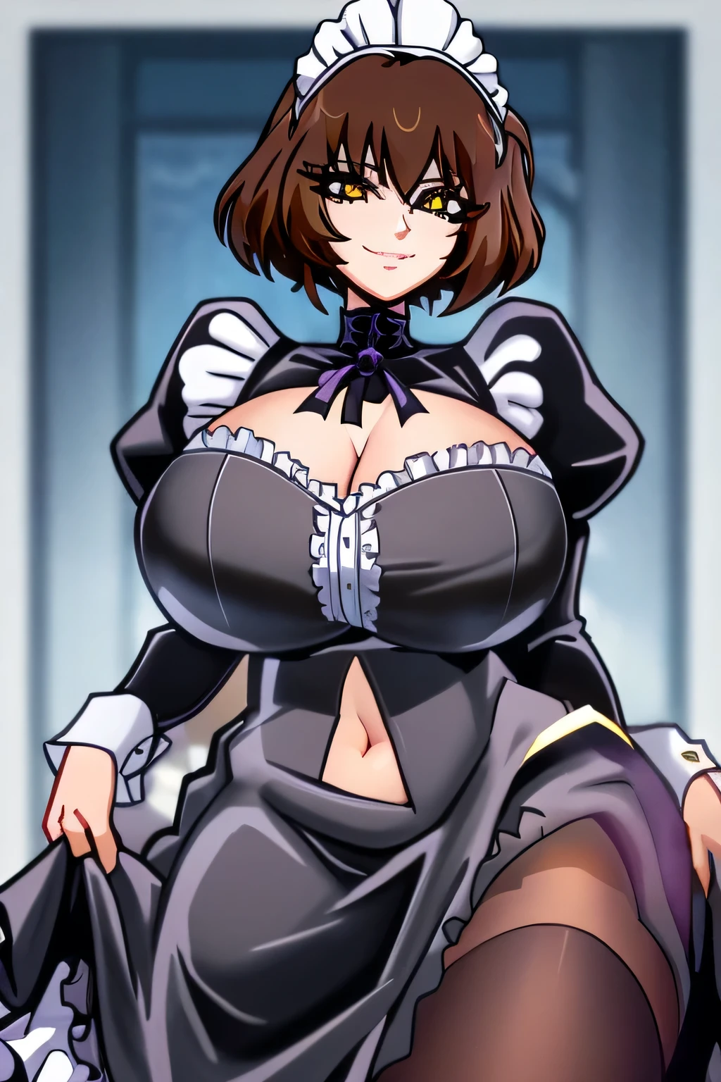 Una mujer mayor . mature huge breast big dark brown hair her light yellow eye round big eyelash dresses black maid top shows navel and dresses black maid skirt metallic and happy 