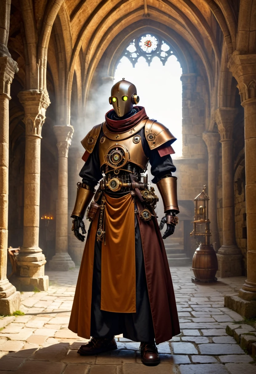 A steampunk robot monk in a medieval monastery