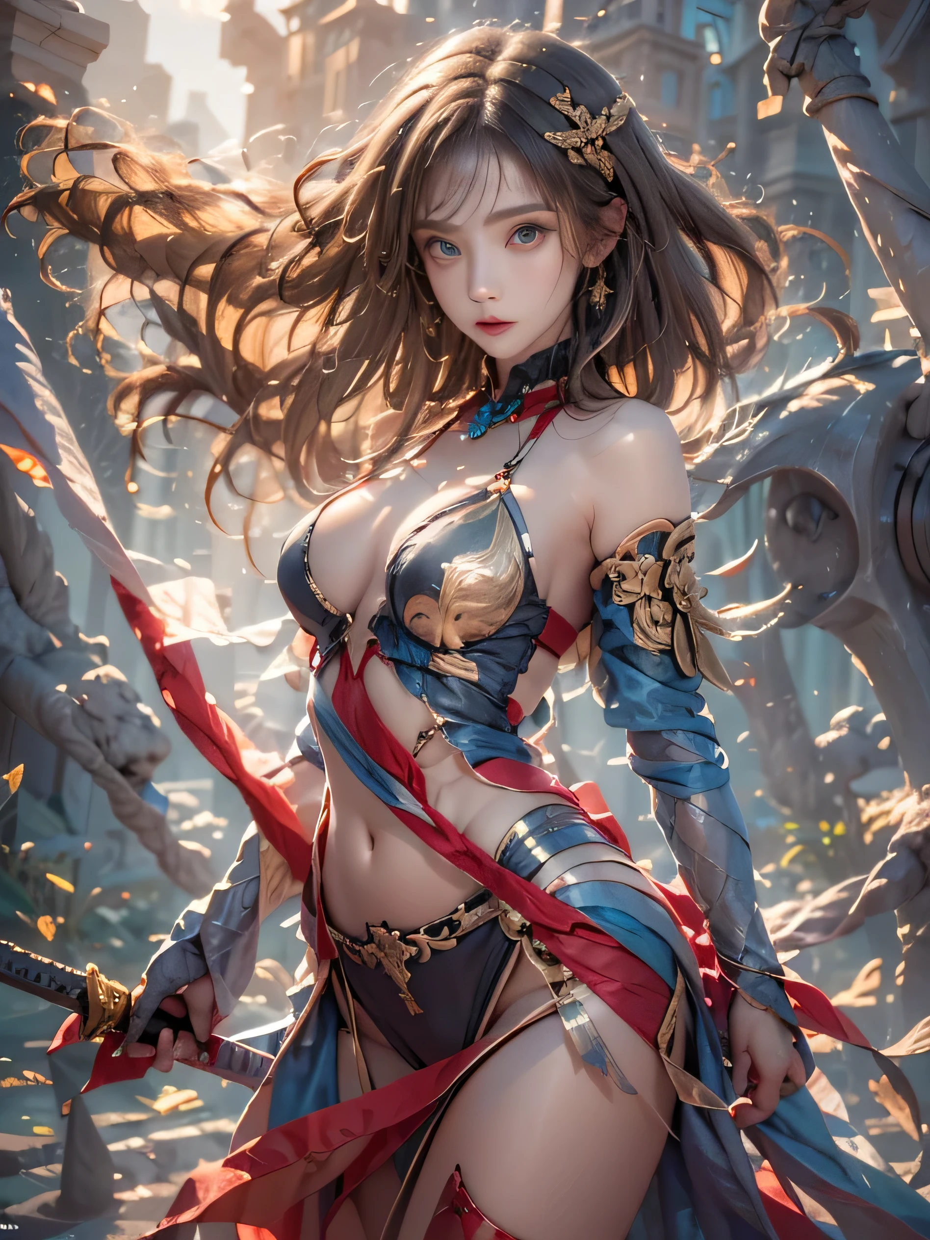 (photorealistic:1.8, highest quality:1.8,8K masterpiece:1.8,High resolution,muste piece:1.8,RAW Photos,cinematic lighting、8mm fisheye lens、Angle looking up from below:1.2、(full body angle)、The shutter speed is fast),No split screen,medieval fantasy、Old castle、Remains、(A beautiful girl warrior with a sword in her hand fighting the enemy:1.5)、(Completely naked、combat hair ornament、Sheer cloak、Red Armored Leotard、bondage、choker、Knee-high boots、beautiful butt,beautiful thighs,plump nipples,Nipples are visible through the costume,cameltoe,slender abs:1.2),beautiful and detailed eyes:1.7,beautiful skin:1.8、(Soryu Asuka Langley)(character focus)、
Emotional、beautiful face、
(midium Hair:1.2, Beautiful, shining red, blue, white, black, silver and gold hair:1.5)、shining blue eyes、thin line