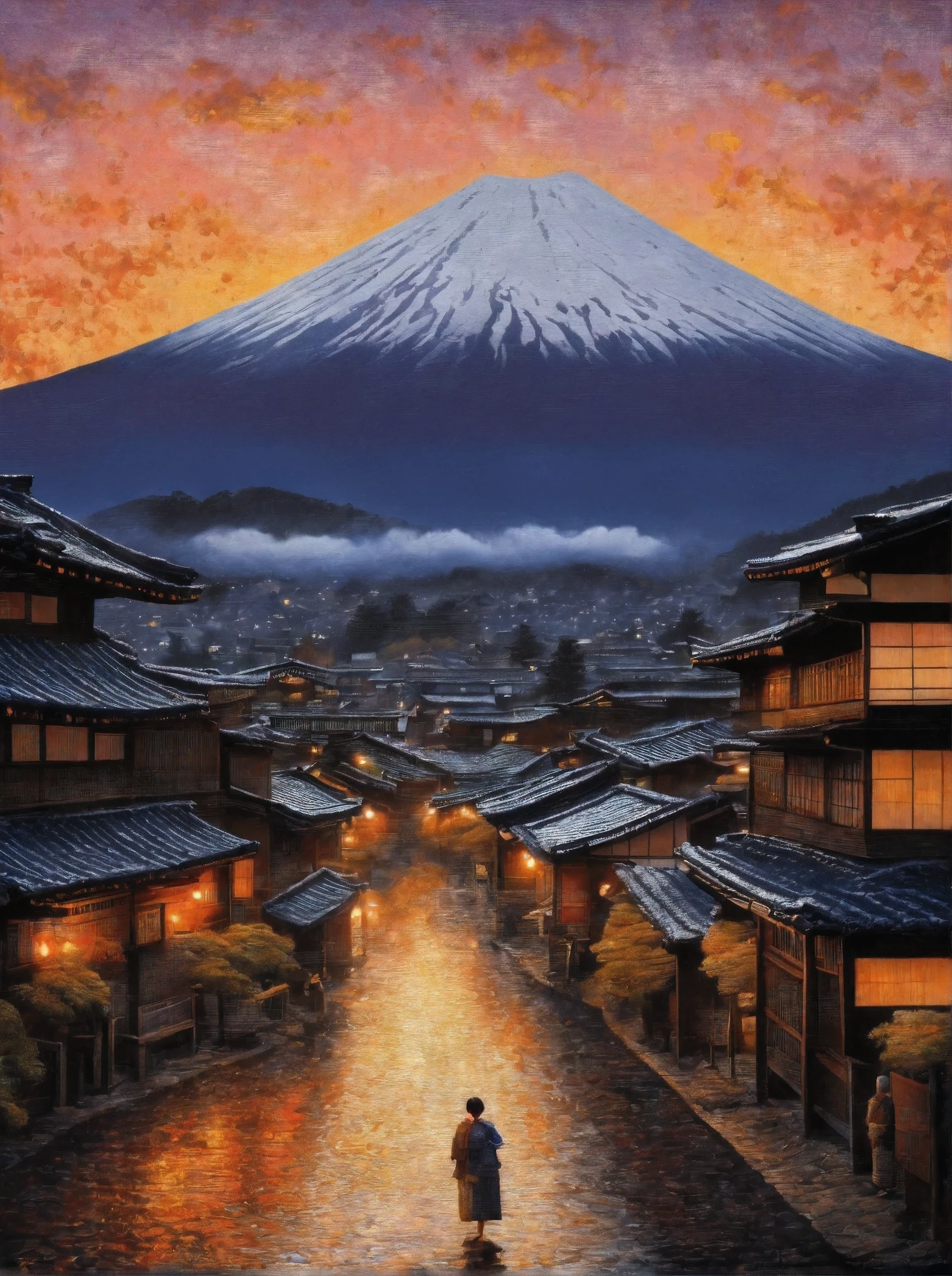 a typical japanese village life in the 1800s. mount fuji in the background