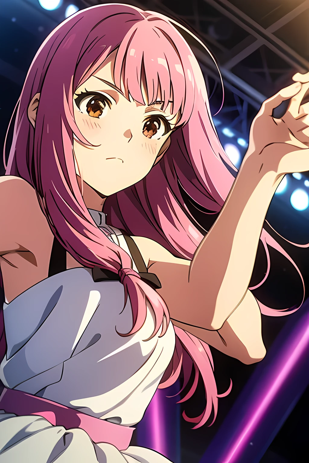 mirishita style, 1girl, solo, {idol, masterpiece}, {dynamic angle}, pink hair, long hair, brown eyes, bangs