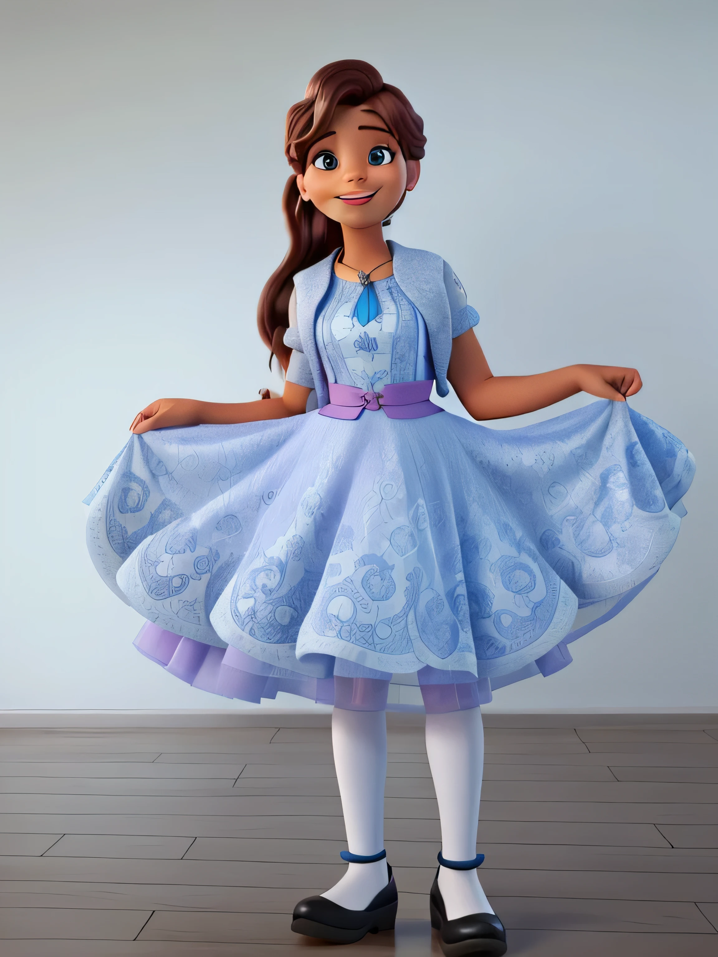 uma linda  de cabelos liso com seu liundo vestido e um lindo sorriso,com imagens dos filmes da disney