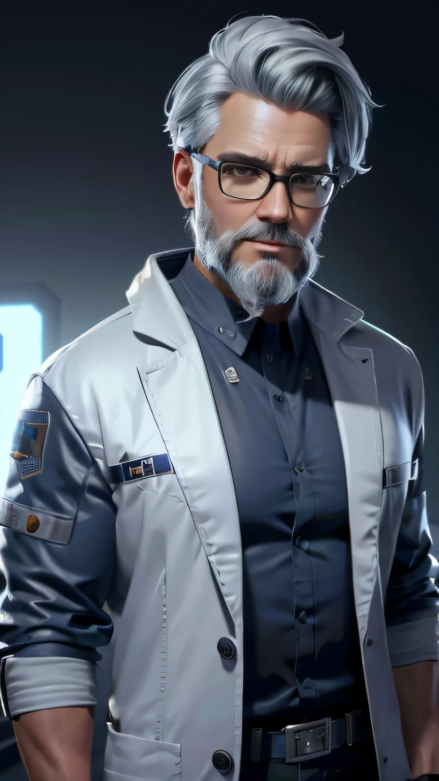 (highres:1.2,ultra-detailed,photo-realistic:1.37), cyberpunk scientist, 1 Man, middle-aged, with gray hair and beard, piercing blue eyes and expressive eyebrows, wearing a futuristic white lab coat, glasses, cowboy shot 