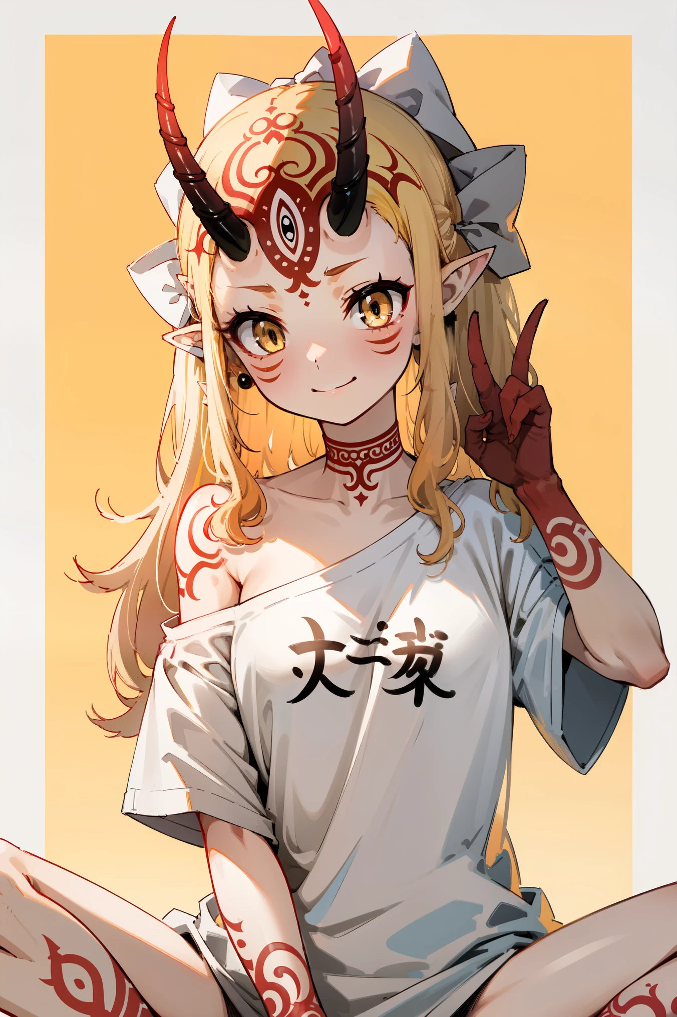 1girl, solo, (ibaraki_douji), blonde, yellow eyes, oni_horns, pointy ears, t-shirt, white shirt, (oversized shirt:1.2), bottomless, bare shoulder, off shoulder, flat chest, forehead, ((red_hands)), (peace_sign), arm behind back, straight hair, large smile, smug, upper body, sitting on floor with crossed_legs, (((masterpiece)))